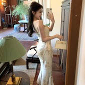 韩雨嘉新中式 国风碎花抹胸收腰上衣带胸垫显瘦荷叶边鱼尾半裙套装