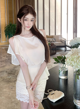 韩雨嘉【天丝亚麻】白色圆领荷叶边t恤女夏季松弛感收腰显瘦上衣