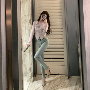 蜜桃臀高弹力紧身小脚牛仔长裤 韩雨嘉 型巨显瘦 版 水洗淡蓝