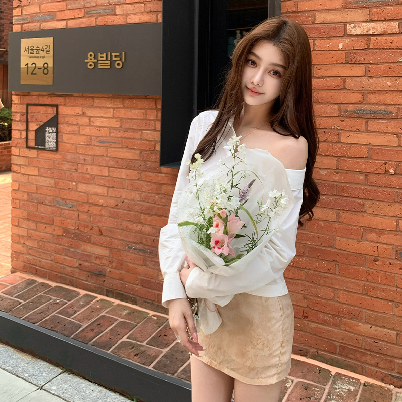 韩雨嘉不对称漏肩衬衫