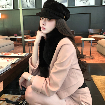 翻领双排扣七分袖毛呢外套半裙