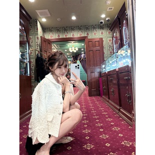 编织小香外套 中古感娃娃领喇叭七分袖 韩雨嘉 高级白