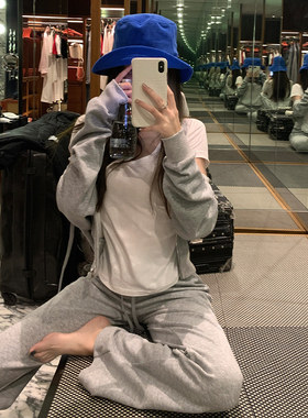 「现货」韩雨嘉灰色套装女春连帽卫衣短外套宽松直筒长裤两件套