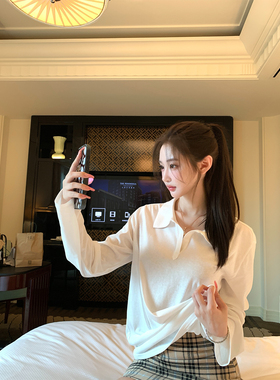 韩雨嘉【人生白Polo T】白色休闲长袖t恤女秋宽松翻领Polo衫上衣