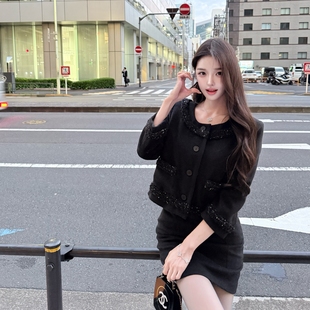 小香风外套毛呢半裙套装 韩雨嘉 金丝编织八分袖 古着版 昭和千金