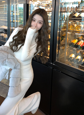 「少量现货」韩雨嘉白色慵懒套装女秋冬半高领加绒长袖打底针织裤