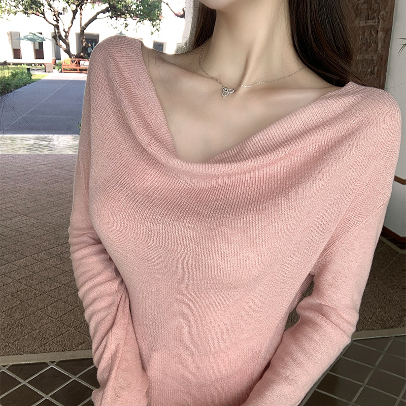 混纺羊毛露肩套头针织衫