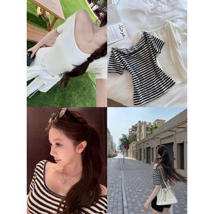 私服版 t恤女春夏季 型 针织短袖 多穿法露肩上衣 圆领修身 韩雨嘉