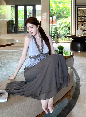 韩雨嘉【秀款】重工v领蕾丝系带吊带背心高级感上衣鱼尾长裙套装