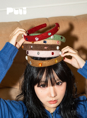 puui原创生活宽边宝石发箍法式复古秋冬高颅顶珍珠头箍羊羔毛发饰