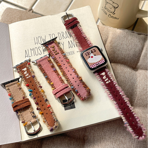 Puui原创适用Applewatch苹果S10/11手表iwatch8可爱S9灯芯绒表带