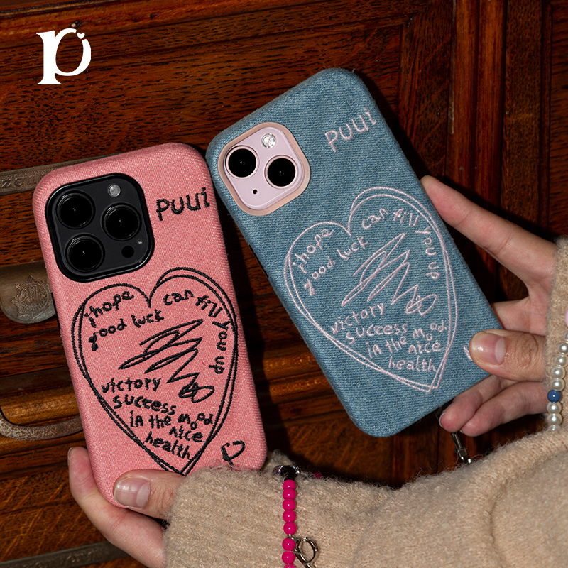 Puui原创适用iphone15ProMax手机壳苹果16pro高级爱心16promax可爱牛仔布17promax个性带链条ins17pro保护壳