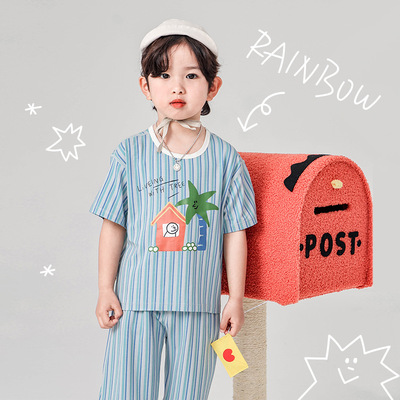 J120设计师款A类雅赛尔儿童家居服条纹短袖空调服套装透气童睡衣