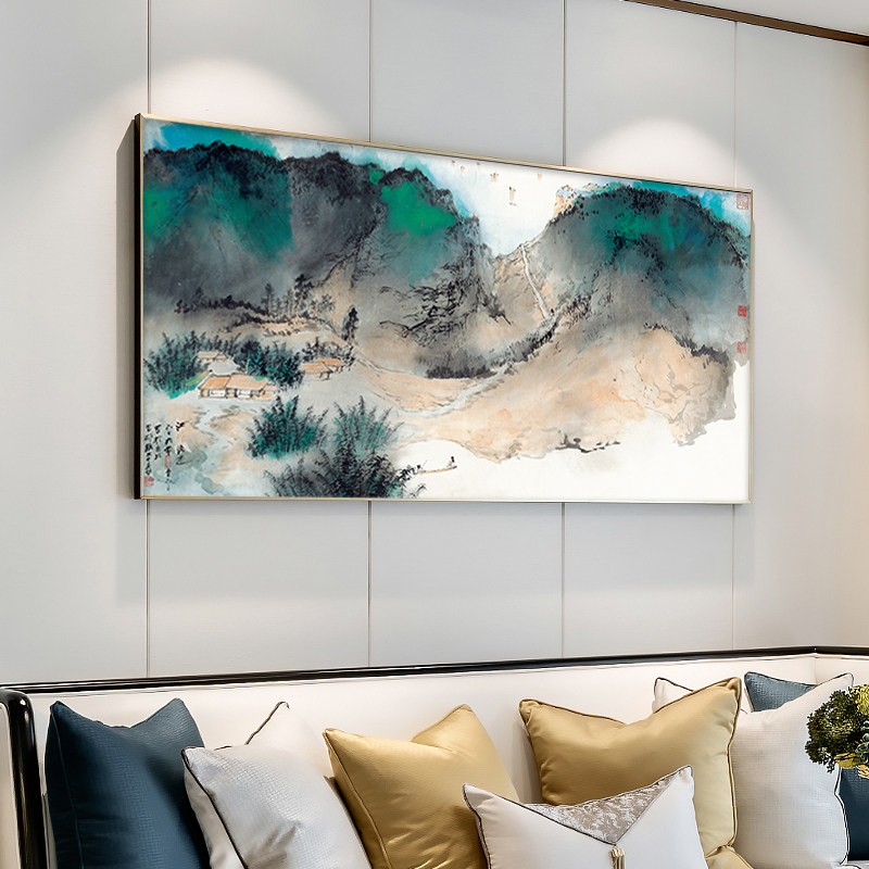 张大千 江村晚归 新中式客厅装饰画沙发背景墙壁画书房会客室挂画