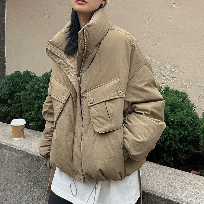 欧货冬装短款加厚大口袋格子服立领宽松面包服外套女