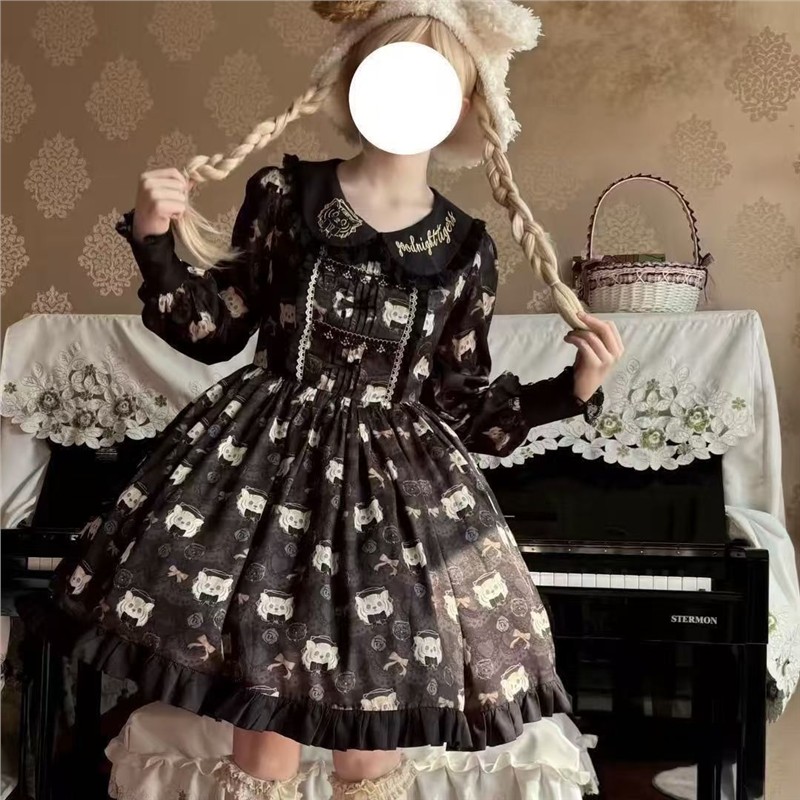 秋日虎虎晚安了喵Lolita原创设计刺绣日常op秋冬厚款可爱长袖全款