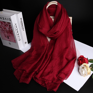 2.4米纯色妈妈洋气围巾保暖桑蚕丝巾防晒纱巾披肩女春秋冬酒红色