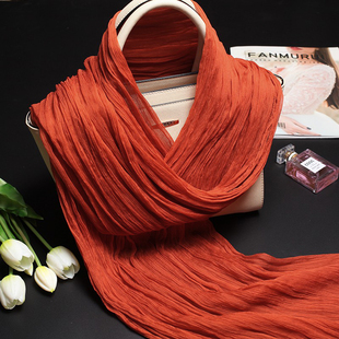 高档杭州丝绸围巾100%桑蚕丝巾秋冬季褶皱简约文艺真丝纱巾桔红色
