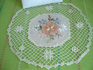 网扣圆垫外贸出口原单手工网扣丝带绣纯棉盘垫餐桌盖布盖巾