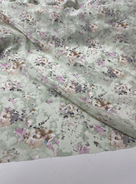 G565夏季绿色底印花雪纺布头优雅气质柔软垂坠透气连衣裙上衣面料