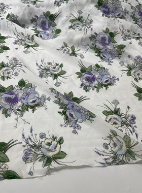 G617白底紫绿色印花透光雪纺布头 柔软垂坠透气连衣裙上衣diy面料