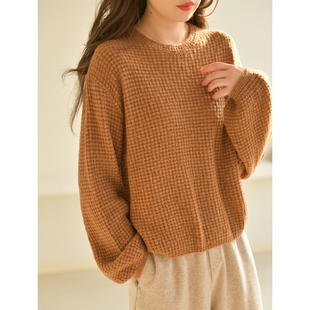 GESGOO今年流行焦糖暖棕针织衫 上衣女秋冬通勤百搭骆驼绒圆领毛衣