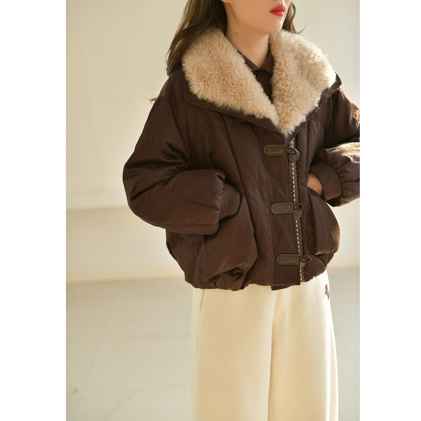 GESGOO设计感拼山羊绒毛领鹅绒服外套女冬季保暖派克羽绒服小个子