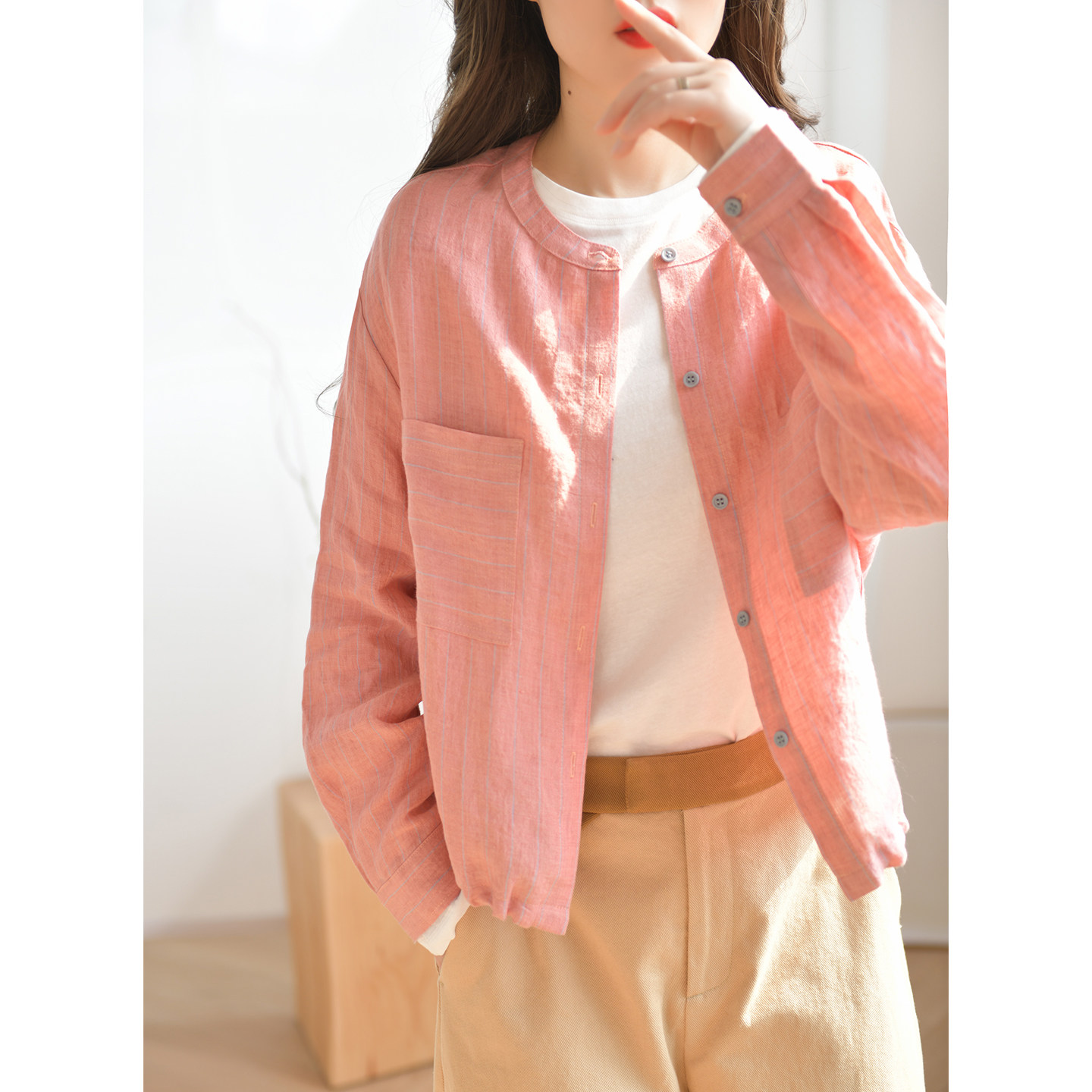 GESGOO色织水洗条纹亚麻短外套衬衫女圆领春季百搭粉色小开衫上衣
