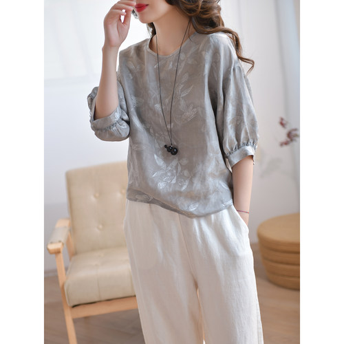 GESGOO高级感灰色真丝麻衬衫