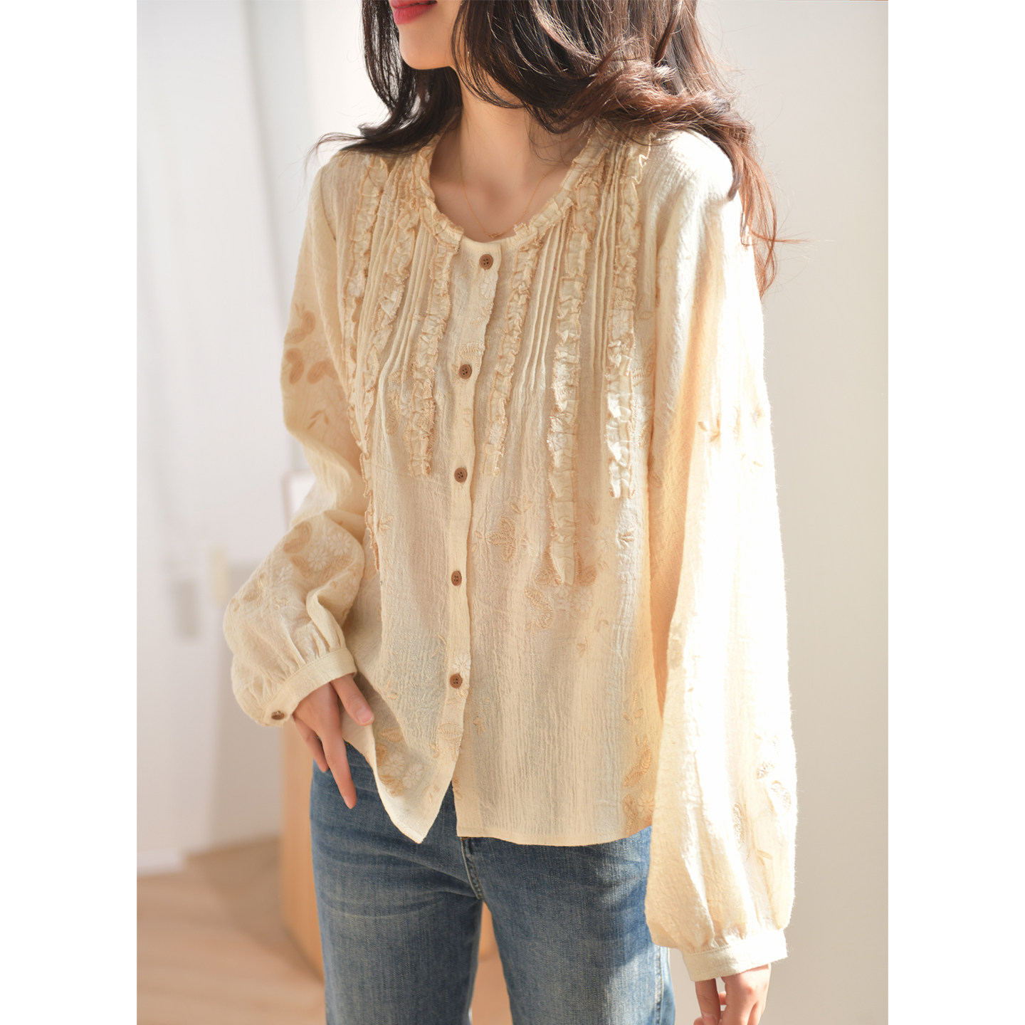 GESGOO复古文艺绣花棉麻衬衫女2026早春新品通勤显瘦气质衬衣长袖,女装/女士精品,衬衫,淘宝优惠券,粉丝福利购,淘宝优惠卷