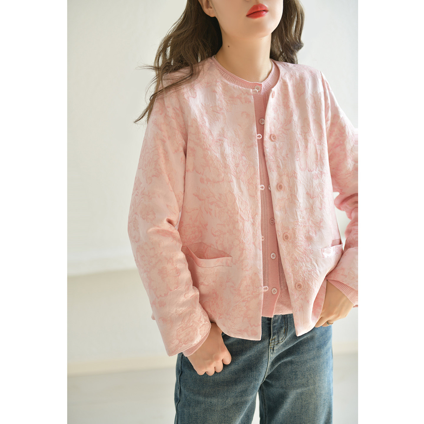 GESGOO原创设计新中式提花粉色圆领女士冬装外套洋气,女装/女士精品,棉衣/棉服,淘宝优惠券,粉丝福利购,淘宝优惠卷