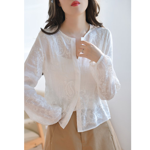 GESGOO白色刺绣真丝亚麻衬衫