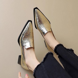 小皮鞋 四季 金色 女英伦风时尚 真皮裂皮纹5cm粗跟尖头深口高跟单鞋