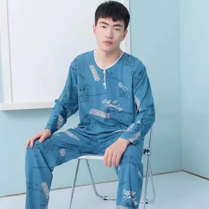 青少年棉绸睡衣老年长袖长裤夏季男士短袖短裤大码宽松套装家居服