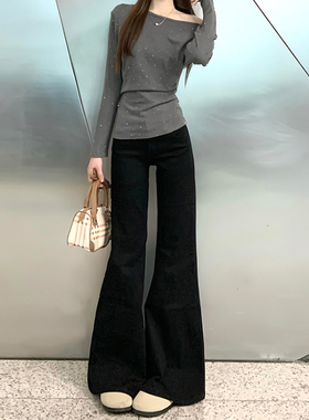 黑色微喇牛仔裤女2025春季新款高腰梨形身材小个子弹力垂感喇叭裤