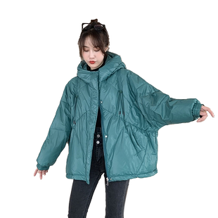 时尚新款抽绳连帽轻薄羽绒服女短款韩版宽松斗篷白鸭绒服女外套厚