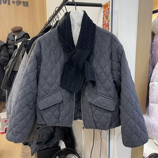 韩系菱形格短款 灰色拉链棉袄外套小个子百搭 棉服女夹棉内胆冬季