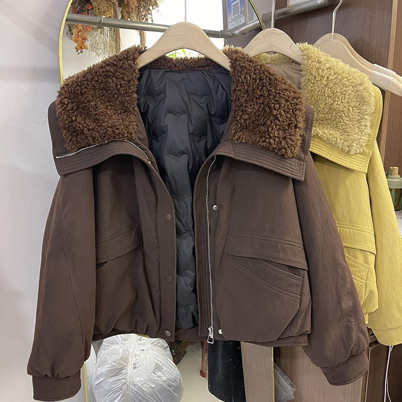 2025新女秋冬皮衣外套女宽松显瘦上衣白鸭绒羽绒内胆翻领羊羔毛