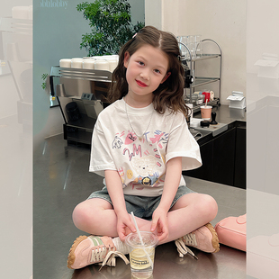韩版 儿童宽松上衣女孩2024夏装 白t恤女童网红洋气短袖 大童装 新款