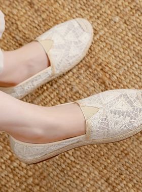 渔夫鞋女2024年夏季新款一脚蹬懒人鞋女透气蕾丝网布老北京布鞋女
