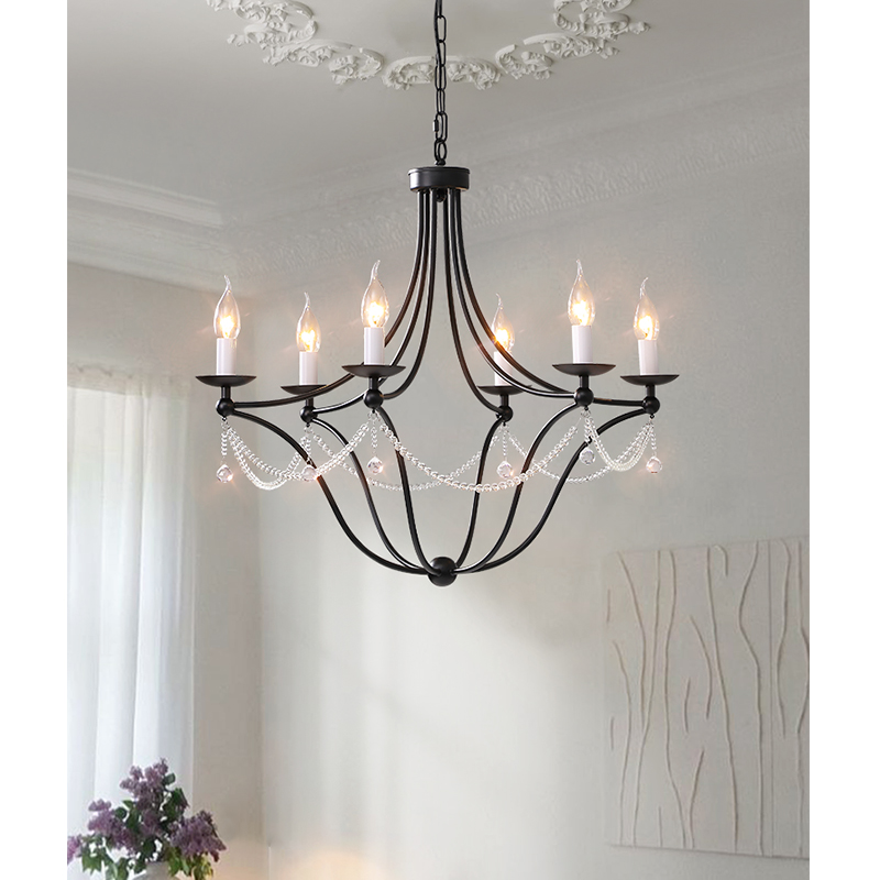 凯乔 法式中古客厅吊灯 简约铁艺水晶灯黑色个性餐厅吊灯蜡烛