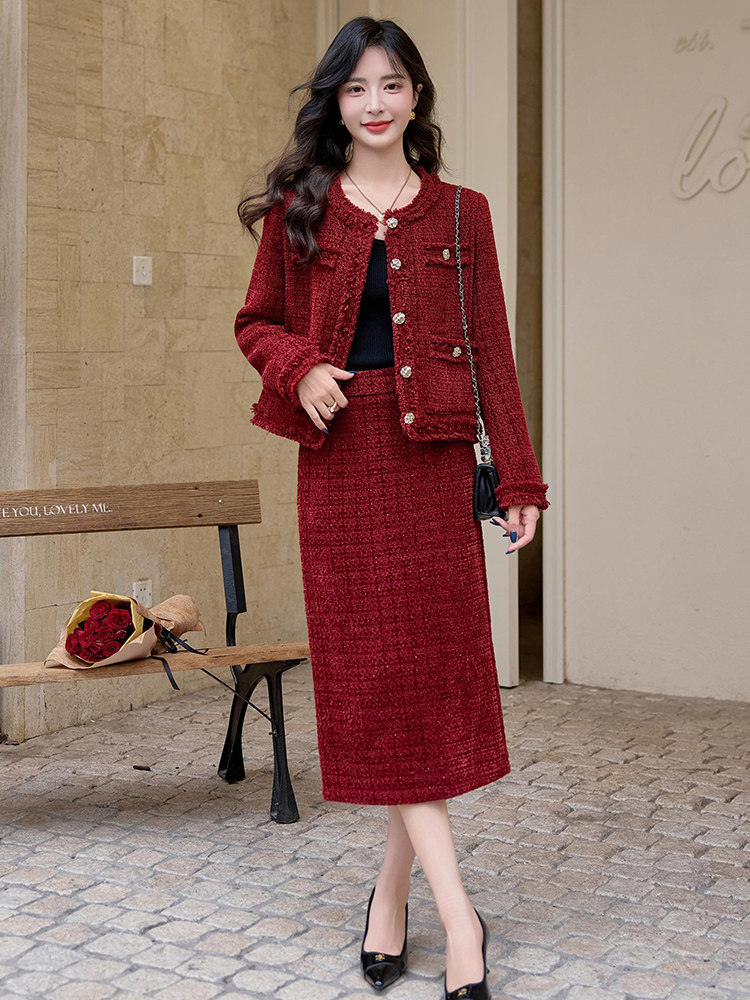 高级感小香风套套装女2025秋冬新款红色粗花呢短外套半身裙两件套,女装/女士精品,时尚套装,淘宝优惠券,粉丝福利购,淘宝优惠卷