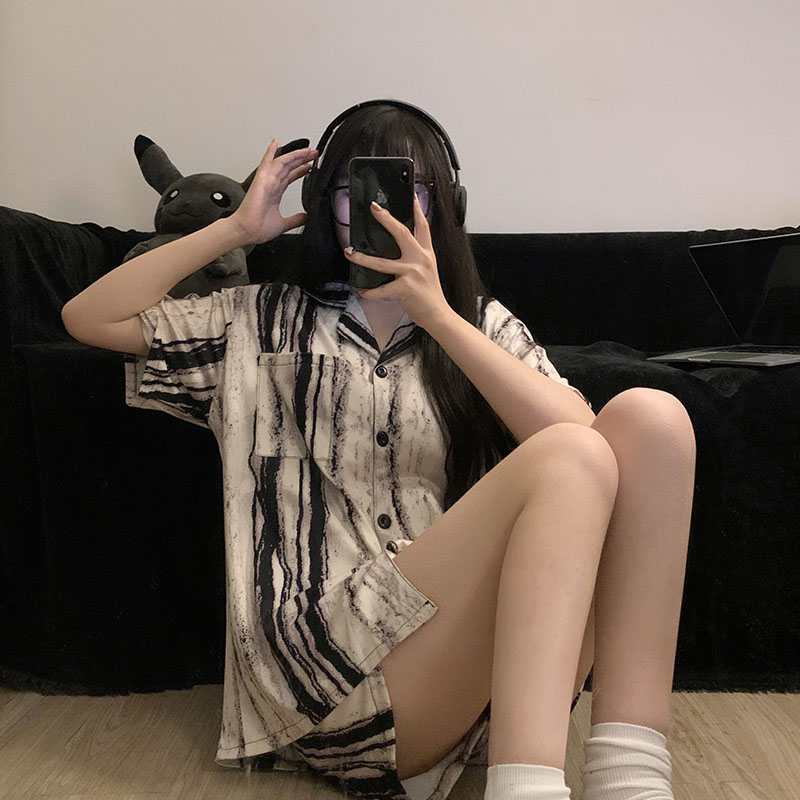 睡衣女夏季薄款短袖短裤高档扎染条纹两件套装夏天可外穿家居服