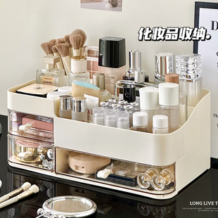 化妆品收纳盒带镜子一体桌面高级感2025新款台面防尘大容量置物架