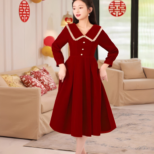 红色长袖敬酒服新娘平时可穿高级感小个子孕妇遮肚订婚礼服连衣裙