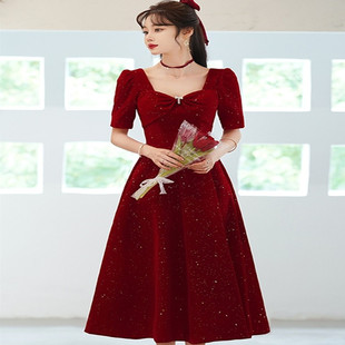 酒红色新娘敬酒服2026夏新品 结婚订婚宴会聚会小个子礼服平时可穿