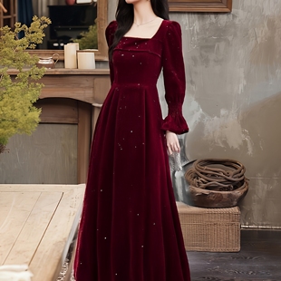 丝绒高级感长袖订婚敬酒服礼服长裙子结婚晚礼服红色连衣裙女秋冬
