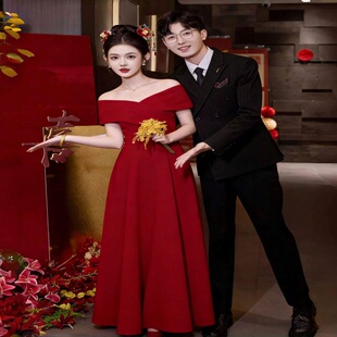 2026新款 显瘦姐妹团礼服高级感婚礼仙气连衣裙 一字肩伴娘服长款