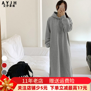 连帽卫衣裙女加绒加厚大码微胖显瘦显高宽松春季长款连衣裙遮肚子
