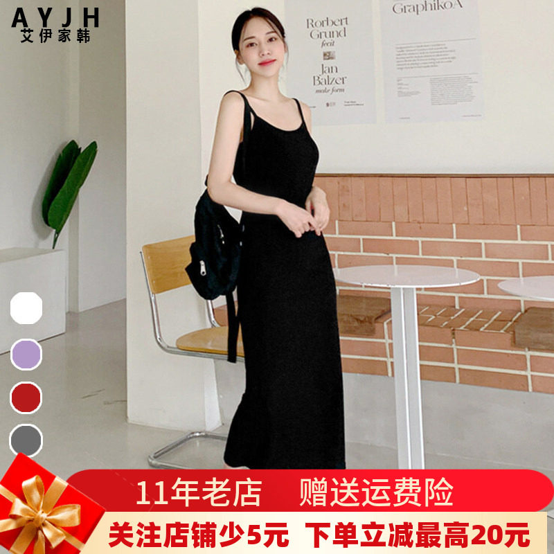 带胸垫显瘦莫代尔纯棉吊带长裙垂坠感显瘦黑色侧开叉连衣裙2026